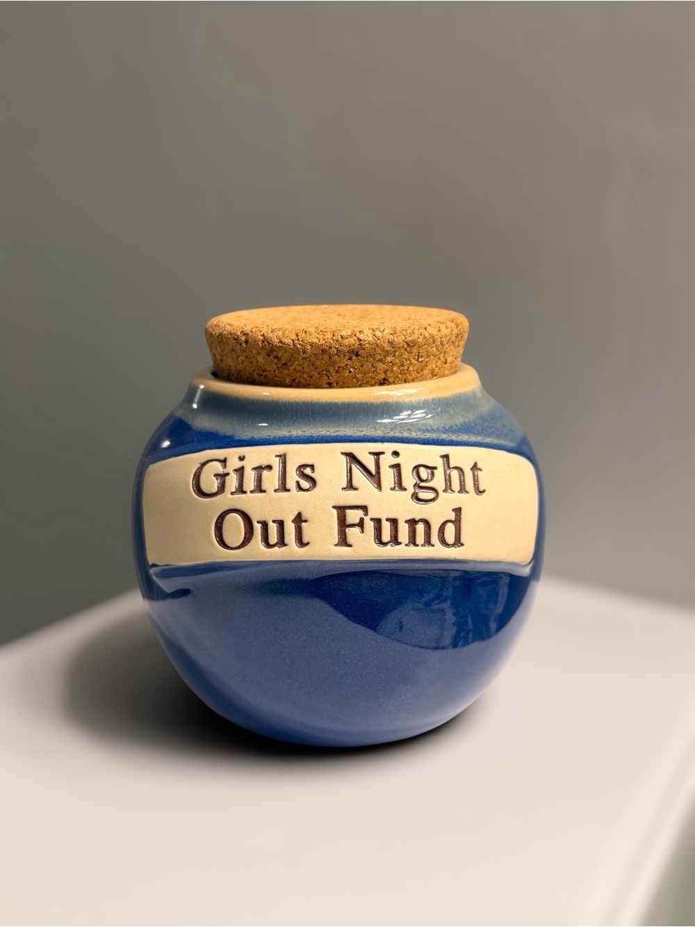 Vintage Tumbleweed Pottery Girls Night Out Fund Blue Ceramic Money Jar Cork Lid